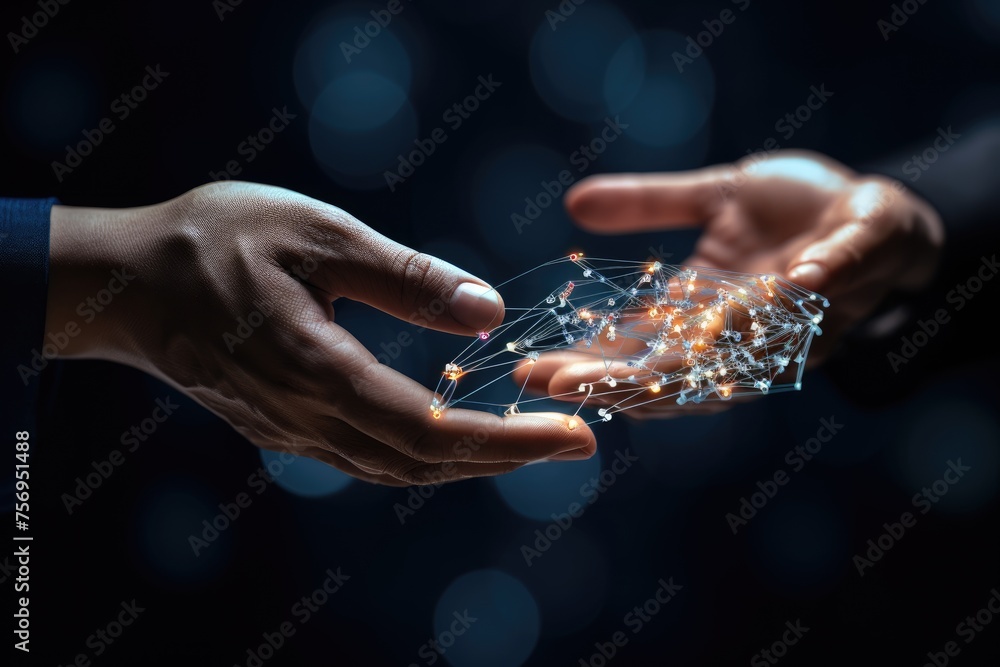Poster ai machine learning hands of a robot and a human touching on a big data network connection, close up