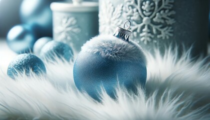 A close-up of a single blue Christmas ornament with a frosty finish, resting on a bed of soft, white faux fur to give a wintry feel. - obrazy, fototapety, plakaty