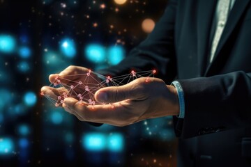 AI machine learning hands of a robot and a human touching on a big data network connection, Close up of businessman hand holding connection lines on dark bokeh background, Ai generated