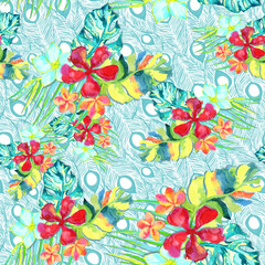 Tropical watercolor flowers seamless pattern on peacock feathers background