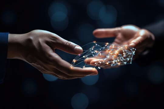 AI machine learning hands of a robot and a human touching on a big data network connection, Close up of businessman hand holding connection lines on dark bokeh background, Ai generated