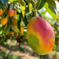 Fotobehang Ripe mango on a sunny orchard, showcasing its lush, vibrant colors and juicy appeal © Jari.art