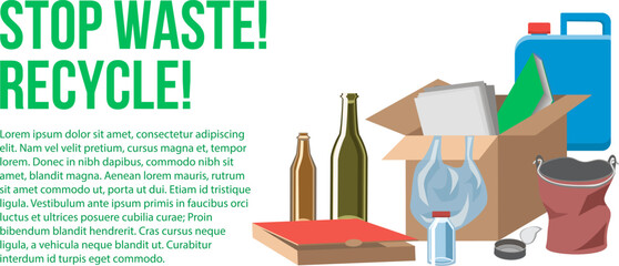 Waste management vector illustration. Stop waste recycle garbage sorting banner with copy space