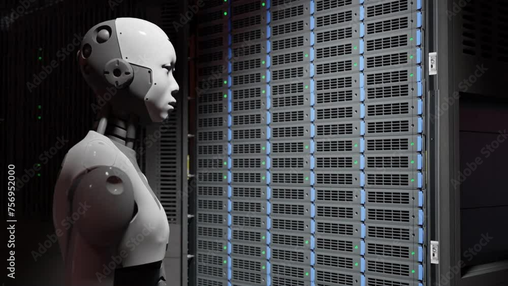Poster robot prototype cyborg humanoid in to server internet hi tech room with red light alarm alert , arti