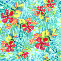 Watercolor tropical seamless print with hibiscus flowers
