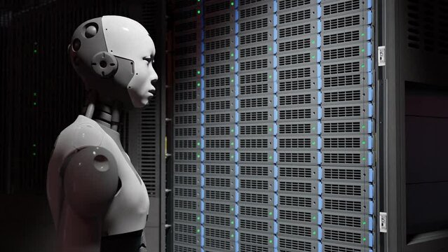 robot prototype cyborg humanoid in to server internet hi tech room with red light alarm alert ,  artificial intelligence taking over in 3d rendering animation cybersecurity war 
