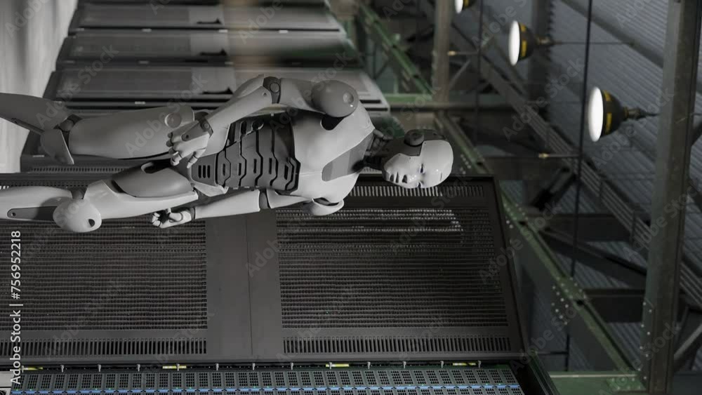 Poster cyborg humanoid in to server internet hi tech room giving birth concept artificial intelligence taki