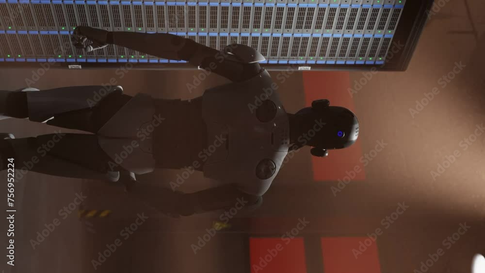 Poster cyborg humanoid in to server internet hi tech room with red light alarm alert , artificial intellige