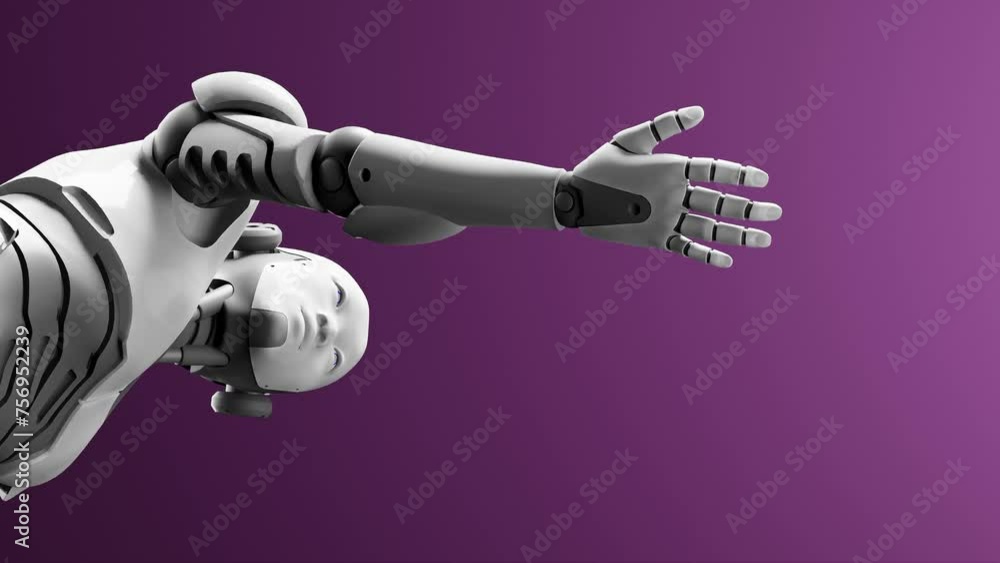 Poster humanoid cyborg prototype moving arm and showing palm hand empty space for adding object , purple ba