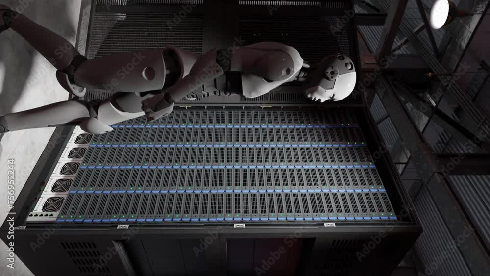 Poster cyborg humanoid in to server internet hi tech red alarm room giving birth concept artificial intelli
