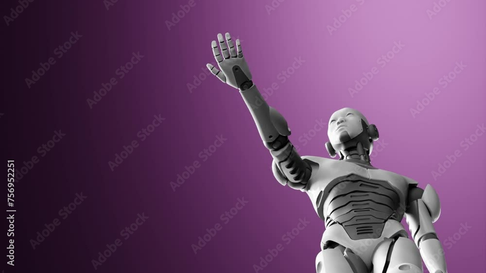 Poster humanoid cyborg prototype moving arm and showing palm hand empty space for adding object , purple ba