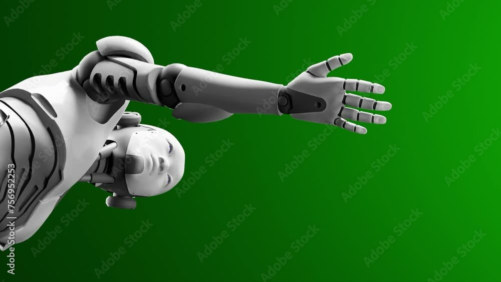 Poster humanoid cyborg prototype moving arm and showing palm hand empty space for adding object , green bac