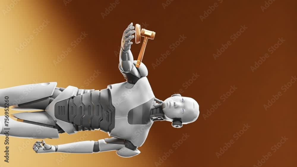 Aufkleber humanoid cyber robot holding a judge justice hammer, artificial intelligence in court debate orange 