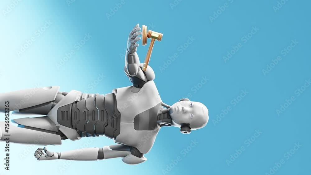 Poster vertical of humanoid cyber robot prototype holding a judge justice hammer, artificial intelligence i