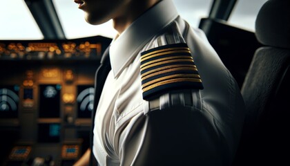 A close-up of a pilot's epaulettes and uniform, showing the stripes indicative of their rank, while sitting in the pilot seat. - obrazy, fototapety, plakaty