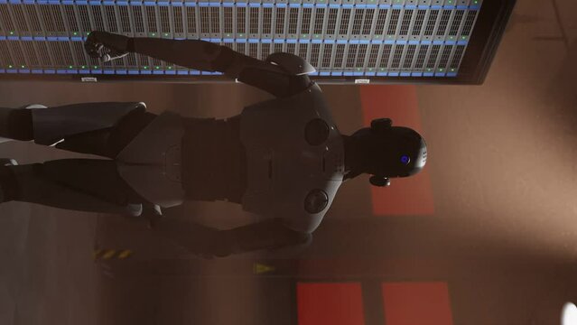 cyborg humanoid in to server internet hi tech room with red light alarm alert ,  artificial intelligence taking over in 3d rendering animation cybersecurity war 