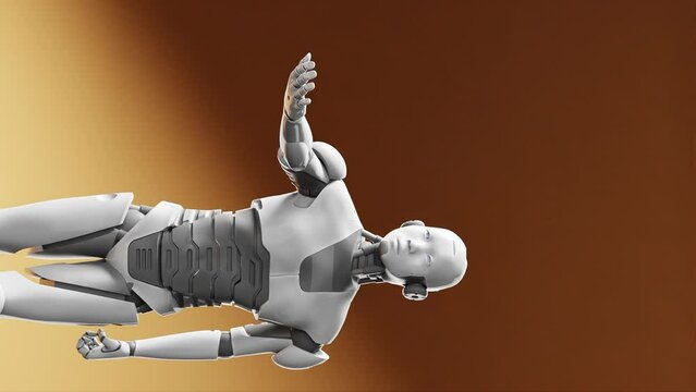 humanoid cyborg prototype moving arm and showing palm hand empty space for adding object , orange background, artificial intelligence concept of futuristic task scenario 3d rendering vertical