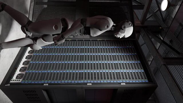cyborg humanoid in to server internet hi tech red alarm room giving birth concept artificial intelligence taking over in 3d rendering animation cybersecurity war 