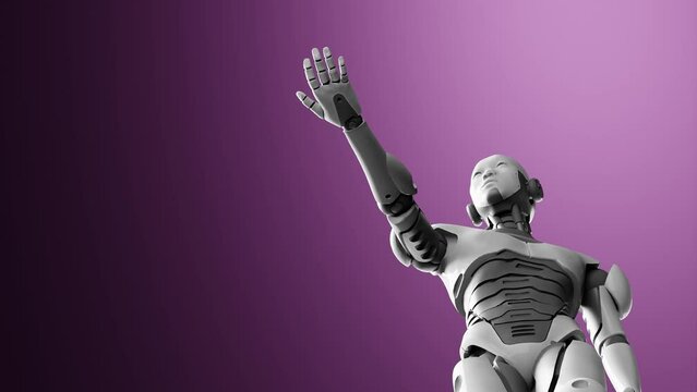 humanoid cyborg prototype moving arm and showing palm hand empty space for adding object , purple background, artificial intelligence concept of futuristic task scenario  low angle view 