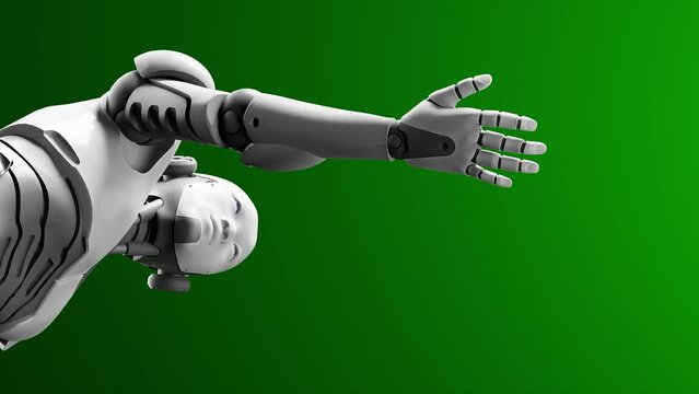 humanoid cyborg prototype moving arm and showing palm hand empty space for adding object , green background, artificial intelligence concept of futuristic task scenario  low angle view 