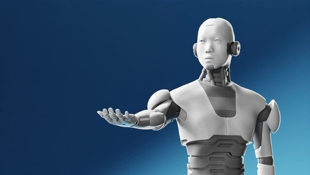 cyborg prototype moving arm and showing palm hand empty space for adding object , blue sky  background, artificial intelligence futuristic task scenario 3d rendering animation 