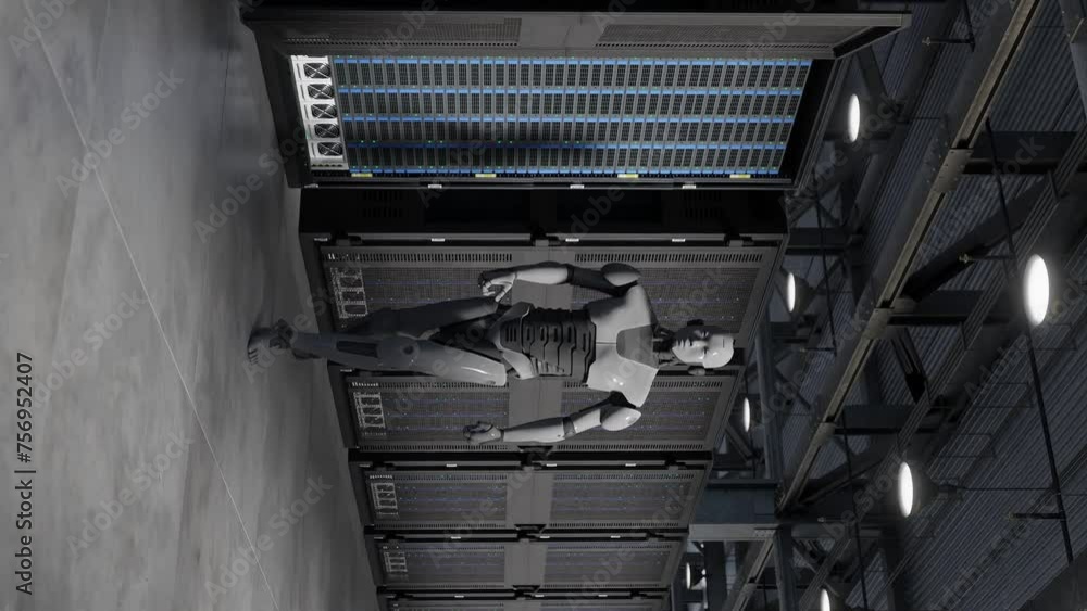 Poster vertical cyborg humanoid in to server internet hi tech room giving birth concept artificial intellig