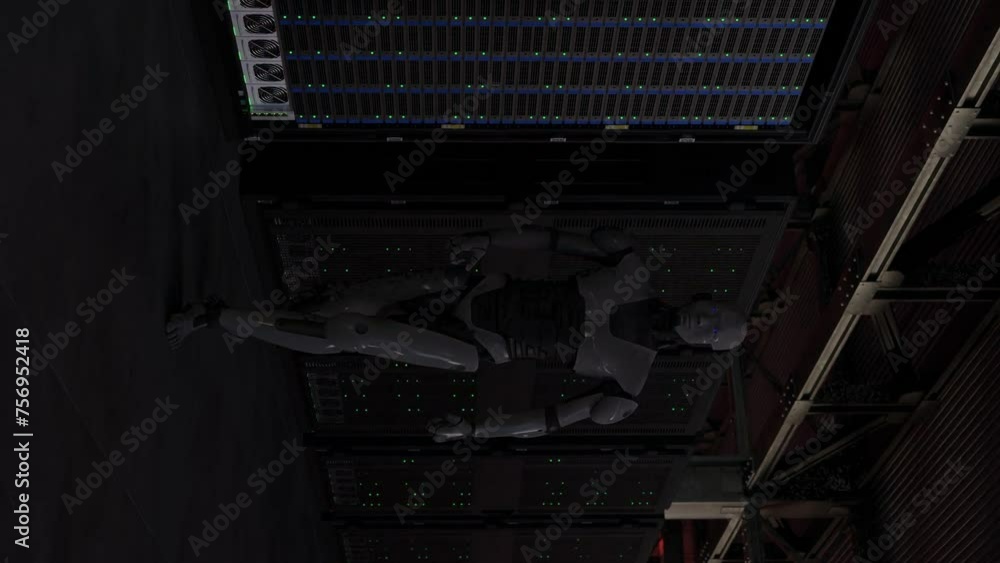 Poster cyborg humanoid in to server internet hi tech red alarm room giving birth concept artificial intelli