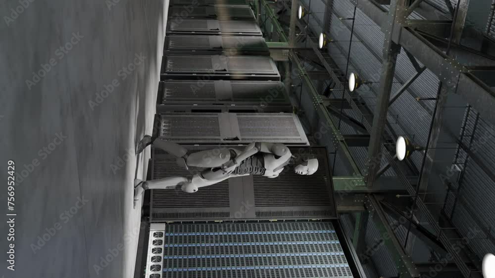 Poster cyborg humanoid in to server internet hi tech green light room giving birth concept artificial intel