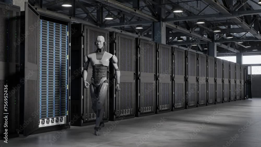 Poster cyborg humanoid in to server internet hi tech room giving birth concept artificial intelligence taki