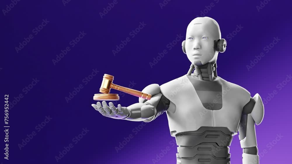 Poster humanoid cyber robot prototype holding a judge justice hammer, artificial intelligence in court deba