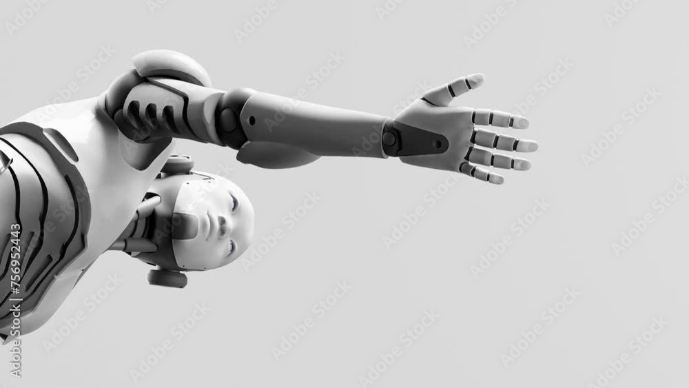 Poster humanoid cyborg prototype moving arm and showing palm hand empty space for adding object , grey back