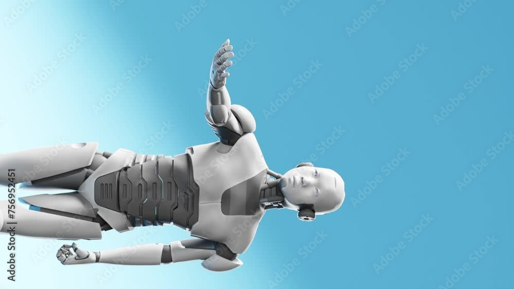 Poster humanoid cyborg prototype moving arm and showing palm hand empty space for adding object , blue sky 