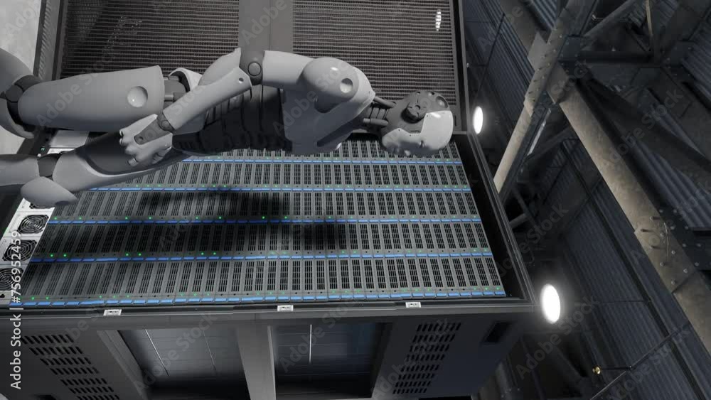Poster cyborg humanoid in to server internet hi tech room giving birth concept artificial intelligence taki