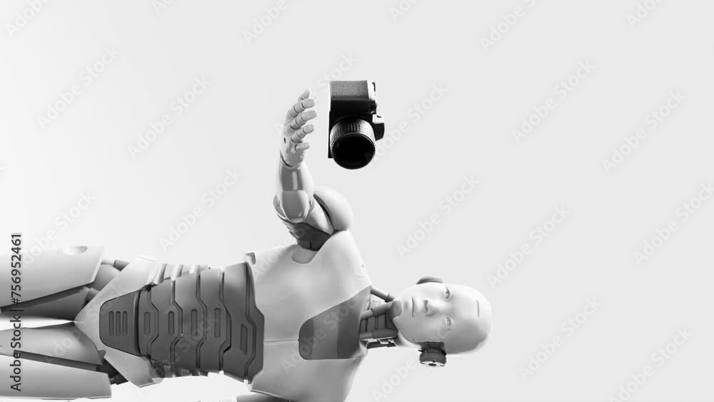 Poster prototype humanoid cyber robot prototype holding a photography digital camera , artificial intellige