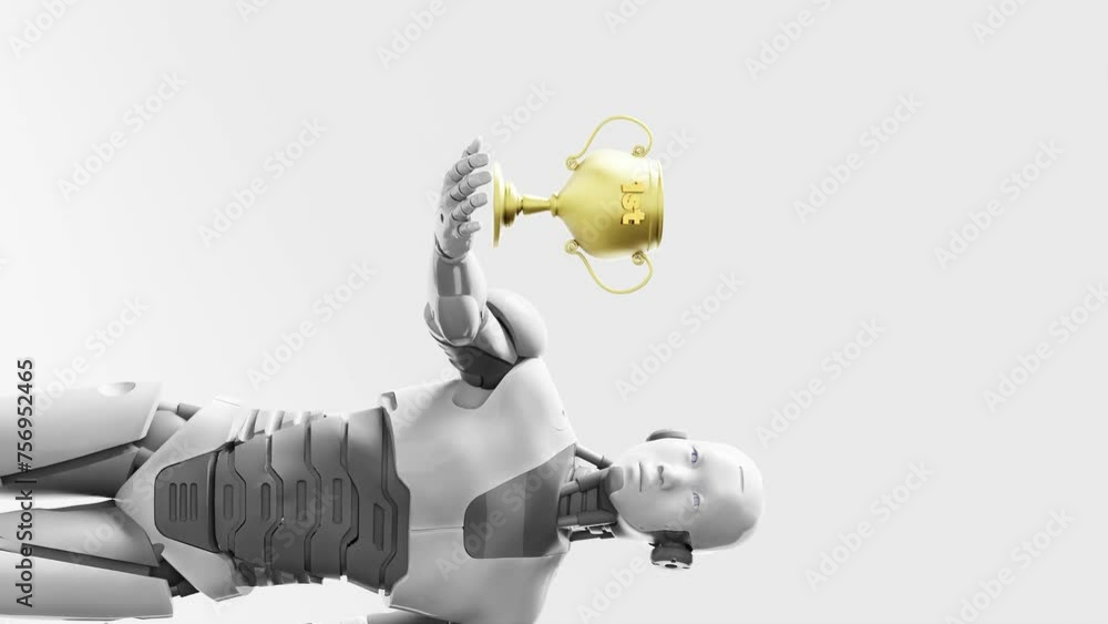 Poster prototype humanoid cyber robot prototype holding a prize cup golden medal , artificial intelligence 