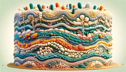 A whimsical animated art image of bacteria forming a biofilm on a surface.