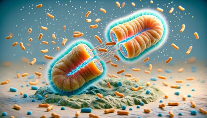 A whimsical animated art image of bacteria undergoing binary fission, capturing the moment of cellular division.