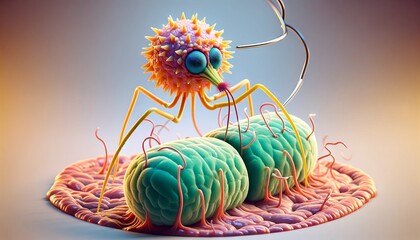 A whimsical animated art image of a bacteriophage attaching to a bacterium, ready to inject its genetic material.