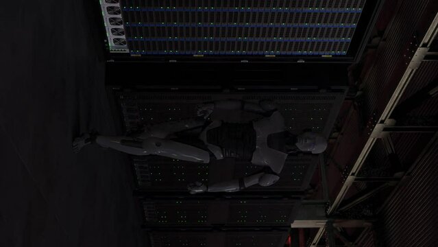 cyborg humanoid in to server internet hi tech red alarm room giving birth concept artificial intelligence taking over in 3d rendering animation cybersecurity war , vertical 