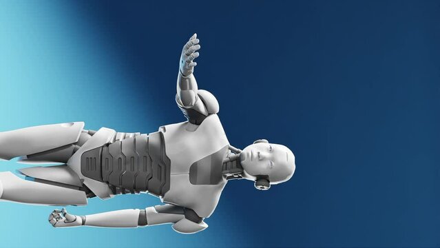 humanoid cyborg prototype moving arm and showing palm hand empty space for adding object , blue sky  background, artificial intelligence concept of futuristic task scenario 3d rendering vertical 
