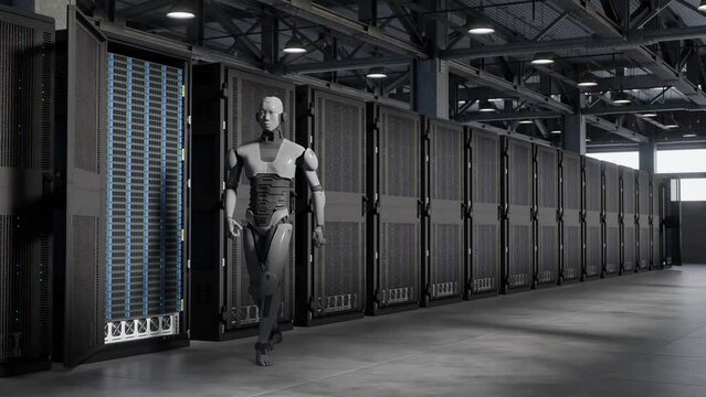 cyborg humanoid in to server internet hi tech room giving birth concept artificial intelligence taking over in 3d rendering animation cybersecurity war 