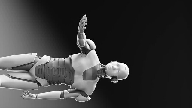 humanoid cyborg prototype moving arm and showing palm hand empty space for adding object ,black  background, artificial intelligence concept of futuristic task scenario 3d rendering vertical 