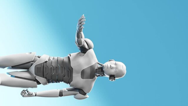 humanoid cyborg prototype moving arm and showing palm hand empty space for adding object , blue sky  background, artificial intelligence futuristic task scenario 3d rendering animation vertical 