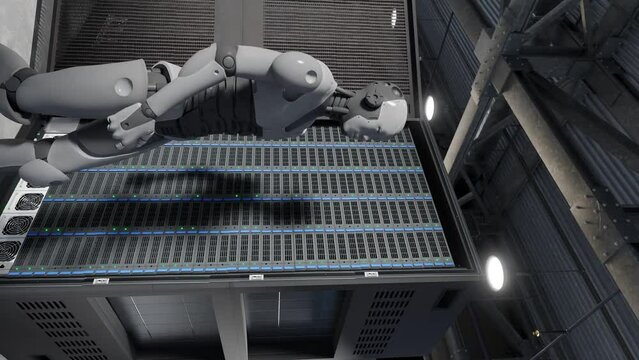 cyborg humanoid in to server internet hi tech room giving birth concept artificial intelligence taking over in 3d rendering animation cybersecurity war vertical 