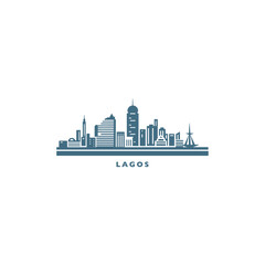 Obraz premium Nigeria Lagos cityscape skyline city panorama vector flat modern logo icon. Africa metropolitan emblem idea with landmarks and building silhouettes. Isolated graphic