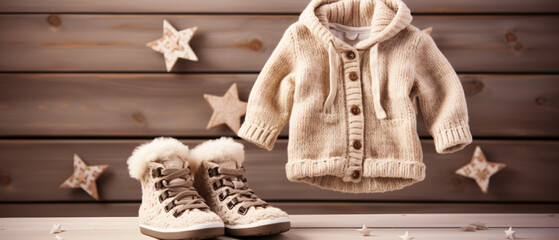 childrens clothes and baby booties on wooden backgroun