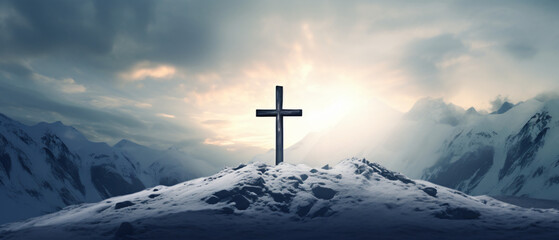 Christian Cross silhouette on the snow mountain clouds