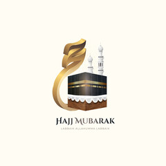 3d Hajj Mubarak Islamic pilgrimage mecca with realistic arabic calligraphy background