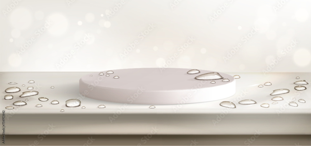 Poster 3d product display podium on table with water drop. white platform in studio background. abstract em