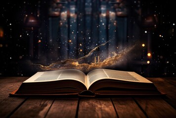 An open book with pages glowing, representing the universe of knowledge and inspiration. The background is dark with stars and galaxies - obrazy, fototapety, plakaty